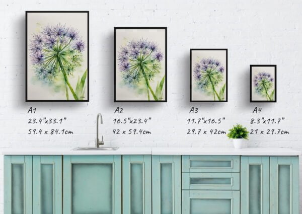 watercolour botanical print flowers allium nigrum minimalist print size comparison