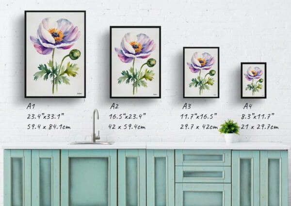 watercolour botanical print flowers anemone minimalist print size comparison