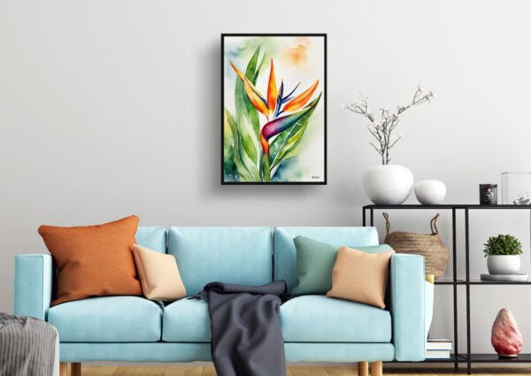 watercolour botanical print flowers bird of paradise living room