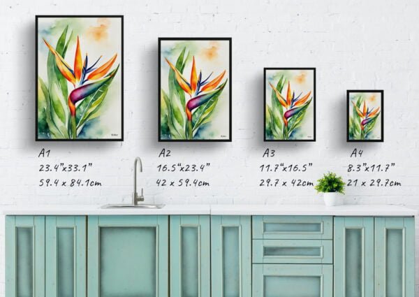 watercolour botanical print flowers bird of paradise print size comparison