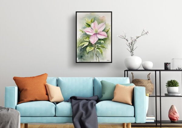 watercolour botanical print flowers clematis mayleen living room