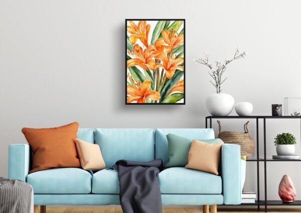 watercolour botanical print flowers clivia living room