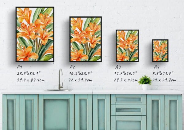 watercolour botanical print flowers clivia print size comparison