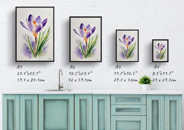 watercolour botanical print flowers crocus minimalist print size comparison