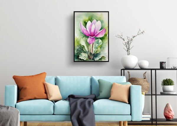 watercolour botanical print flowers cyclamen coum living room