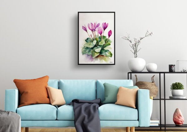 watercolour botanical print flowers cyclamen coum minimalist living room