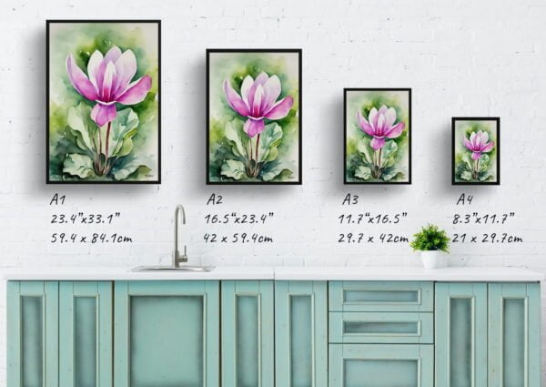 watercolour botanical print flowers cyclamen coum print size comparison