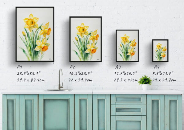 watercolour botanical print flowers daffodil minimalist print size comparison