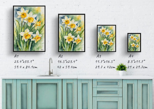 watercolour botanical print flowers daffodil print size comparison