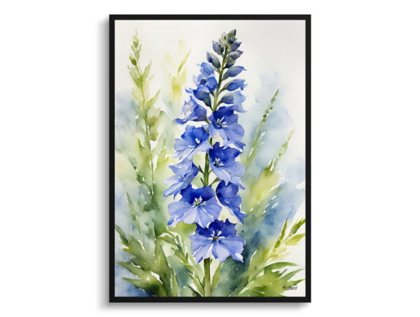 watercolour botanical print flowers delphinium cassius front view