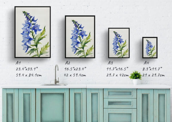 watercolour botanical print flowers delphinium cassius minimalist print size comparison