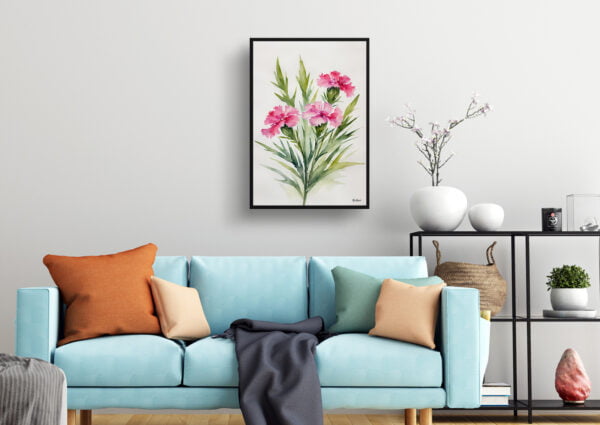 watercolour botanical print flowers dianthus devon wizard minimalist living room