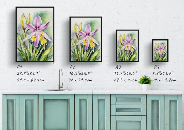 watercolour botanical print flowers erythronium pagoda print size comparison