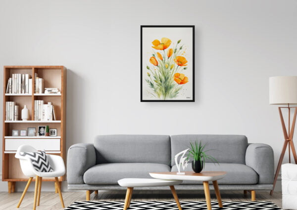 watercolour botanical print flowers eschscholzia californica minimalist office