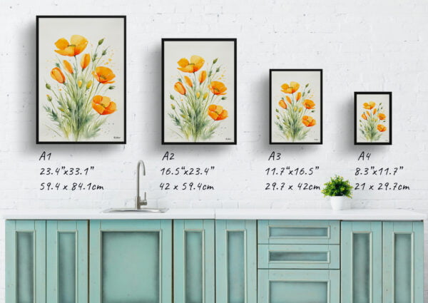 watercolour botanical print flowers eschscholzia californica minimalist print size comparison