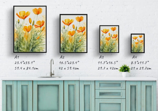 watercolour botanical print flowers eschscholzia californica print size comparison