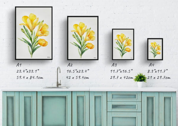 watercolour botanical print flowers freesia minimalist print size comparison