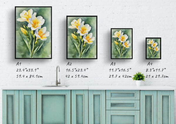 watercolour botanical print flowers freesia print size comparison