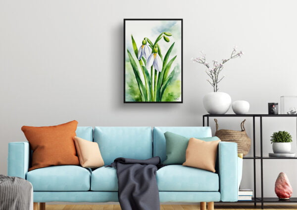 watercolour botanical print flowers galanthus elwesii living room