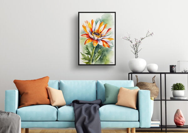 watercolour botanical print flowers gazania living room