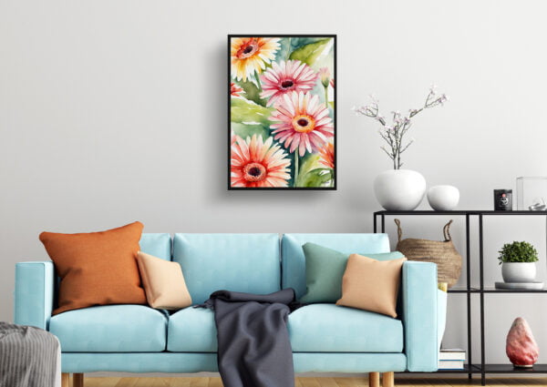 watercolour botanical print flowers gerbera living room