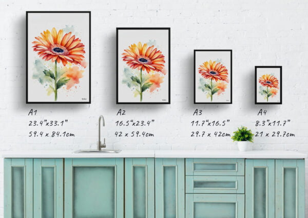 watercolour botanical print flowers gerbera minimalist print size comparison