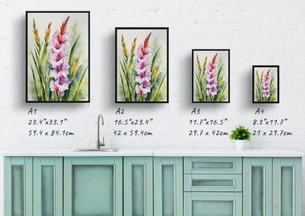 watercolour botanical print flowers gladiolus communis byzantinus print size comparison