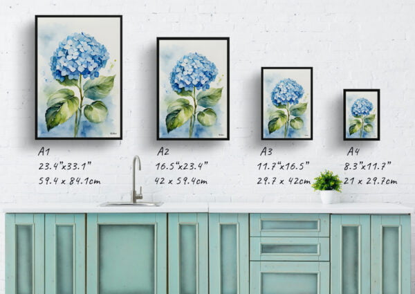 watercolour botanical print flowers hydrangea print size comparison