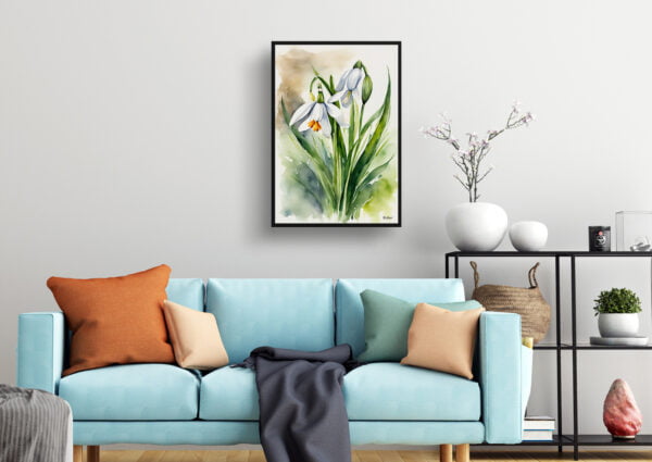 watercolour botanical print flowers leucojum aestivum gravetye giant living room