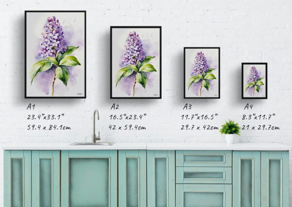 watercolour botanical print flowers lilac minimalist print size comparison