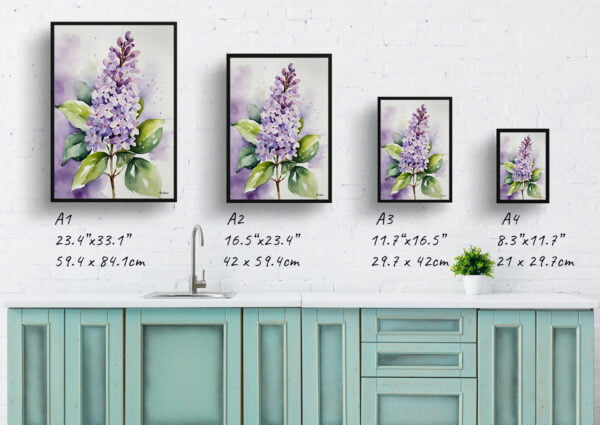 watercolour botanical print flowers lilac print size comparison