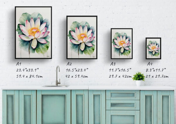 watercolour botanical print flowers lotus flower minimalist print size comparison