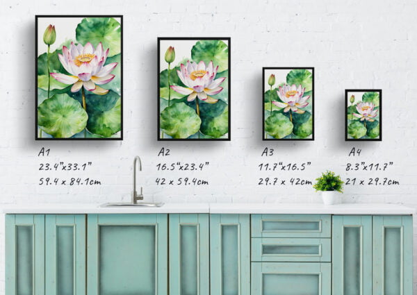 watercolour botanical print flowers lotus flower print size comparison