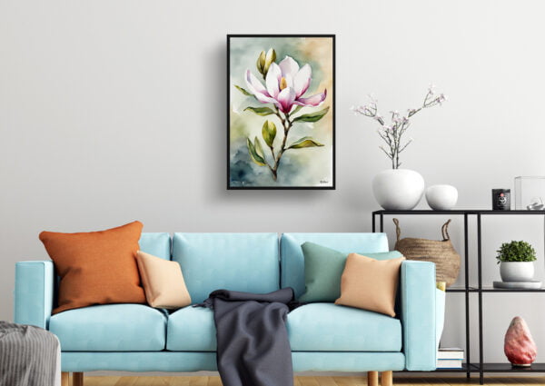 watercolour botanical print flowers magnolia living room