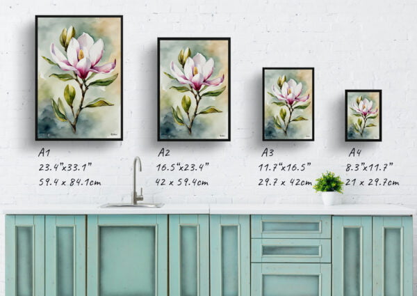 watercolour botanical print flowers magnolia print size comparison