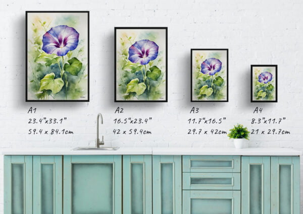 watercolour botanical print flowers morning glory print size comparison