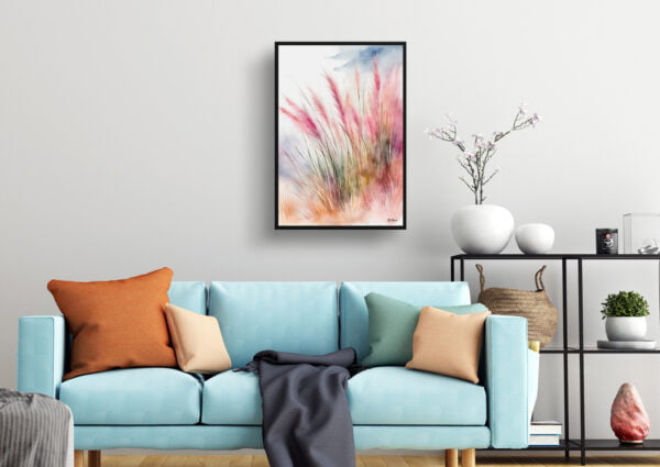 watercolour botanical print flowers muhlenbergia capillaris hairawn muhly wash living room