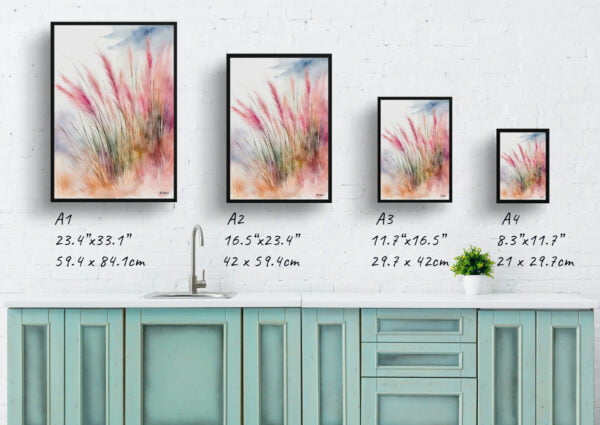 watercolour botanical print flowers muhlenbergia capillaris hairawn muhly wash print size comparison