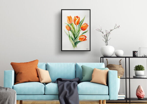 watercolour botanical print flowers orange tulip minimalist living room