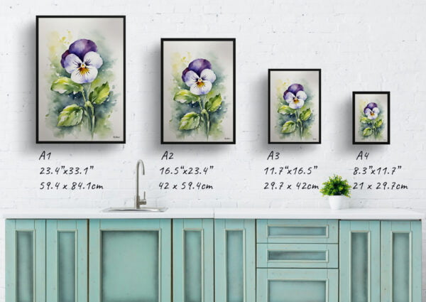 watercolour botanical print flowers pansy minimalist print size comparison