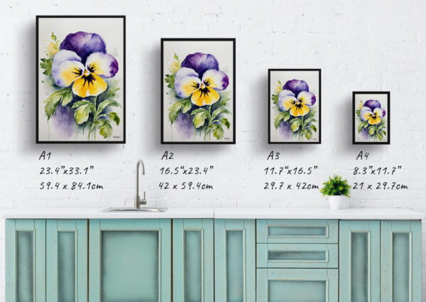 watercolour botanical print flowers pansy print size comparison