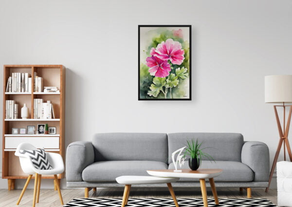 watercolour botanical print flowers pink geranium office