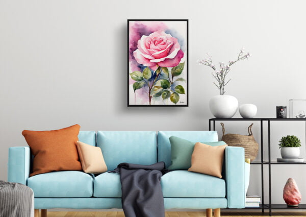 watercolour botanical print flowers pink rose living room