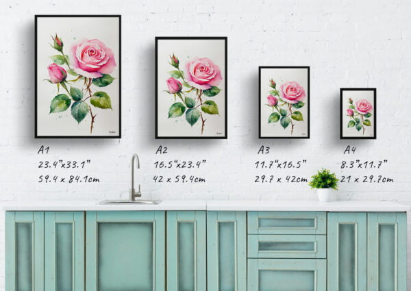 watercolour botanical print flowers pink rose minimalist print size comparison