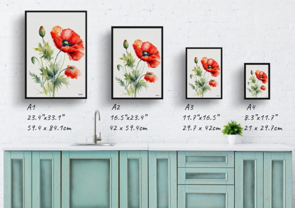 watercolour botanical print flowers poppy minimalist print size comparison