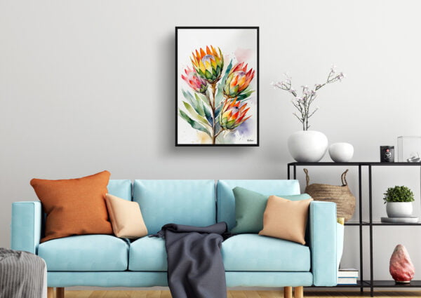 watercolour botanical print flowers proteas living room