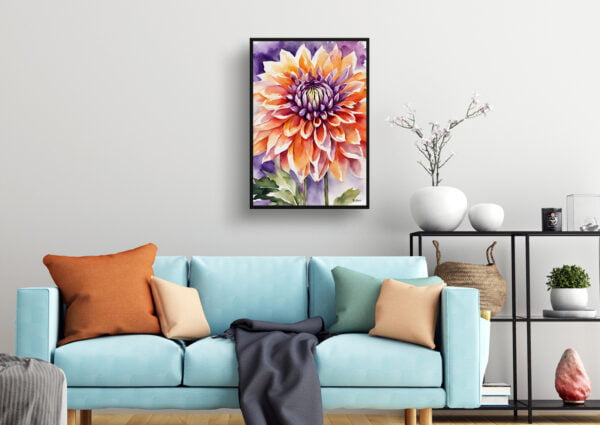 watercolour botanical print flowers purple and orange dahlia living room