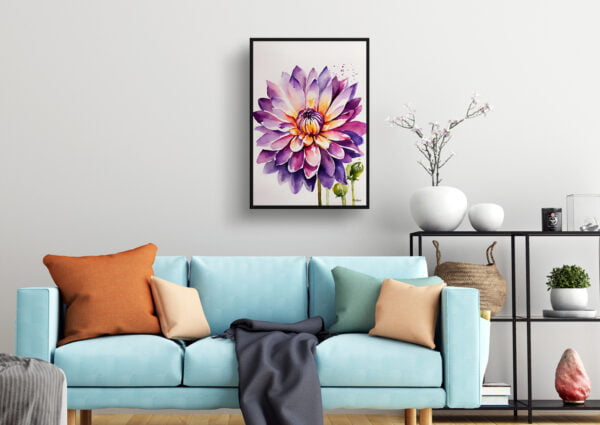 watercolour botanical print flowers purple and orange dahlia minimalist living room