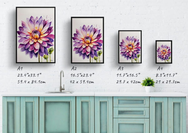 watercolour botanical print flowers purple and orange dahlia minimalist print size comparison