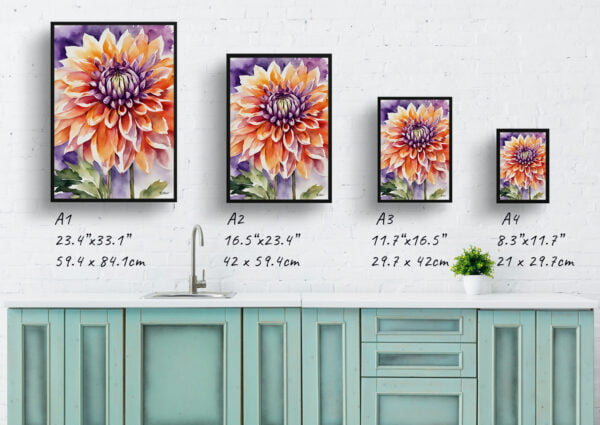 watercolour botanical print flowers purple and orange dahlia print size comparison